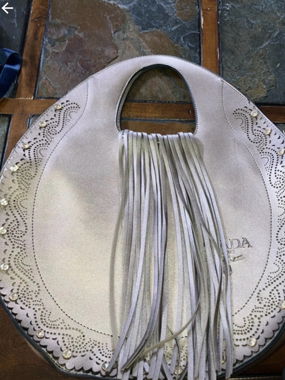 Fringed Round Shoulder Bag in Light Gray with Laser Cut Detail